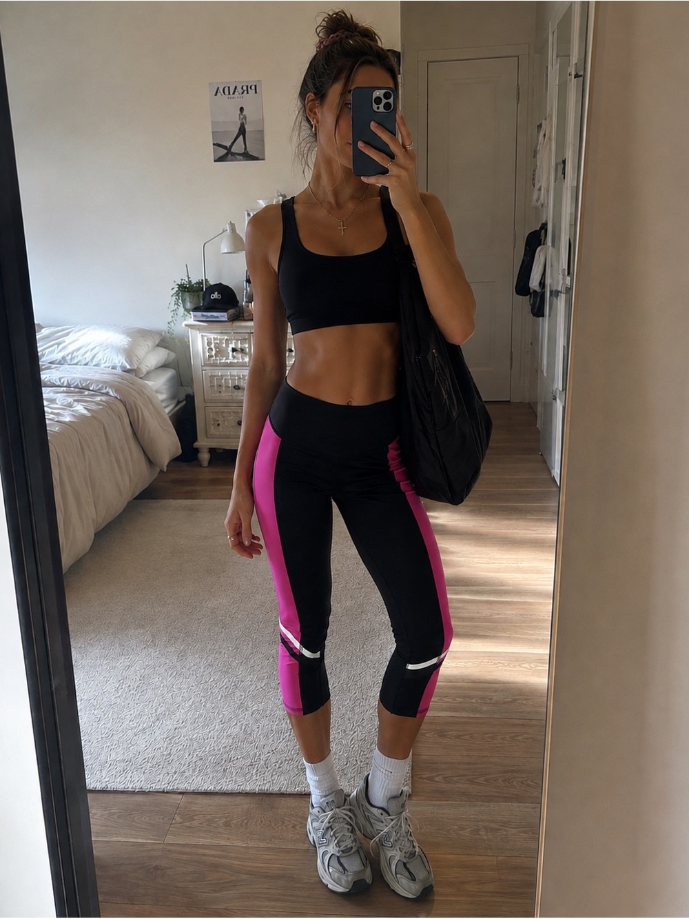 Champion Black Capri Leggings with Bright Pink Side Panels